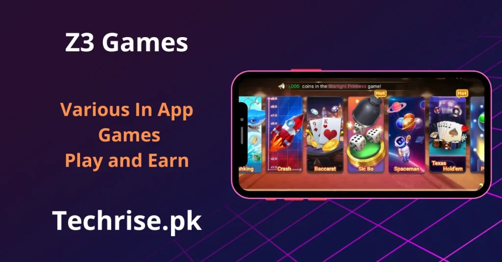 Z3 Game in-app slot games screen featuring Gates of Olympus, Crash, and Spaceman