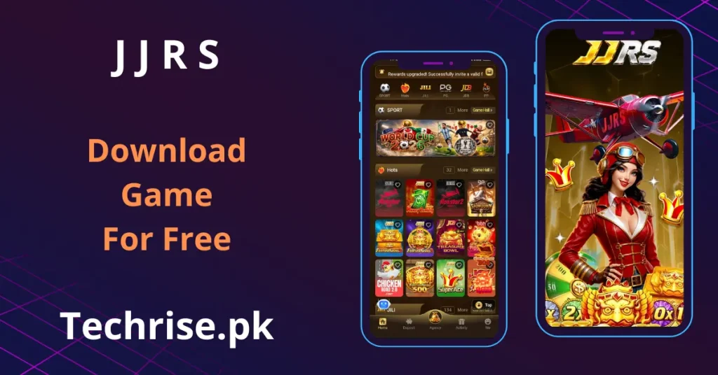 Screenshot of the JJRS earning game home screen showing game categories like Sport, Hots, JILI, PG, and JDB alongside a mobile download preview. The second p