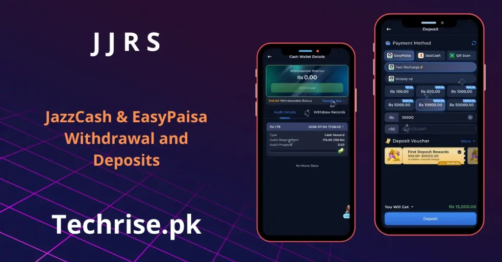 Screenshot of the JJRS app showing the cash wallet withdrawal screen and the deposit screen with JazzCash, EasyPaisa, and QR scan payment options. Deposit amount buttons range from Rs 100 to Rs 50000 with a first deposit bonus reward shown.