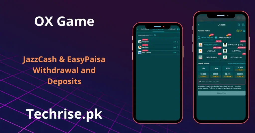 OX Game app deposit and withdrawal screen with JazzCash and EasyPaisa payment methods.