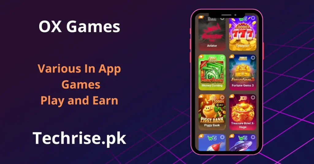 OX Games app in-app games screen showing Aviator, Crazy777, Money Coming and Piggy Bank slots.